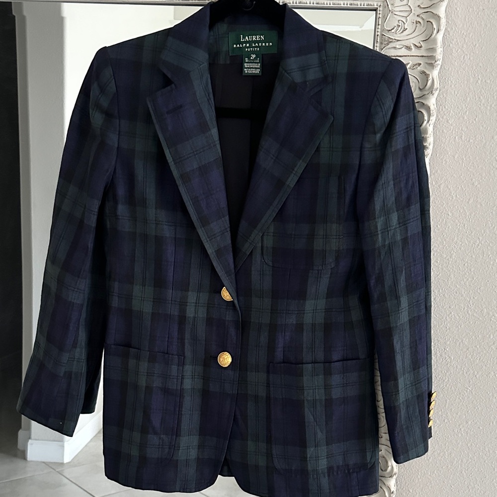 Lauren Ralph Lauren Linen Navy/Green Paid Plaid Blazer 2P